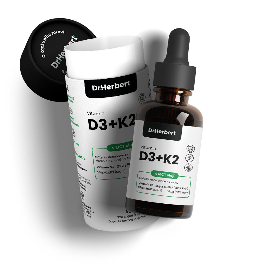Lahvička přírodního vitaminu D3+K2 v MCT oleji s kapátkem